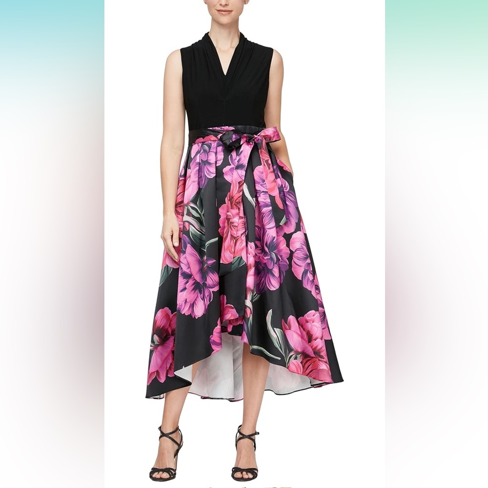 NWT S.L. Fashions Women's Floral High-Low Gown with Pockets and Stretch Bodice
